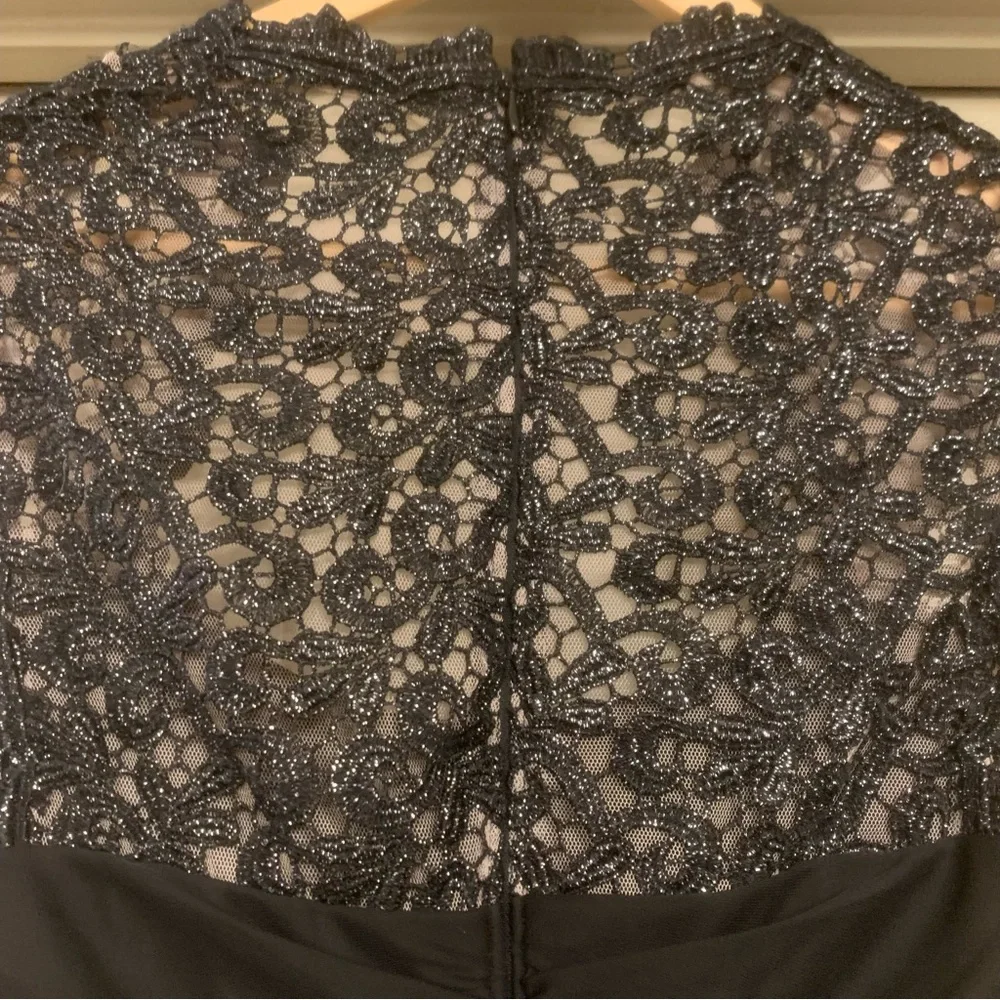 NWT Xscape LBD Black Lace Stand Collar Illusion Back Neck Short Cap Sleeve Dress